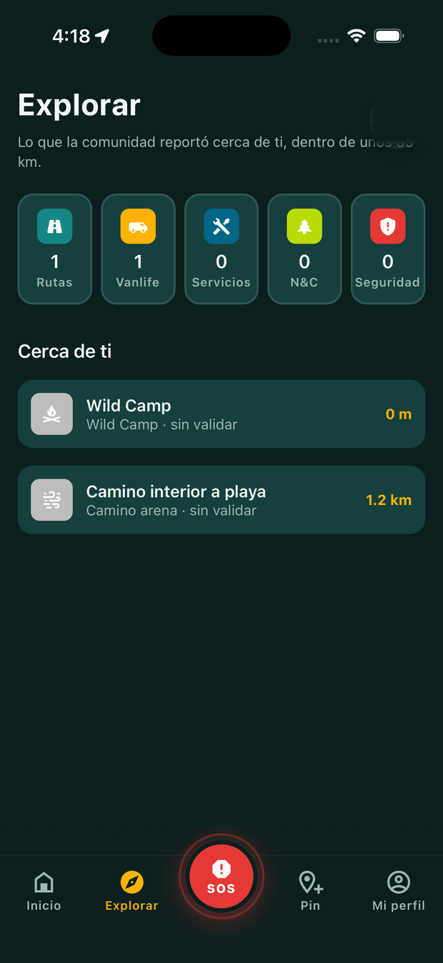 Pantalla Explorar con los puntos reportados cerca