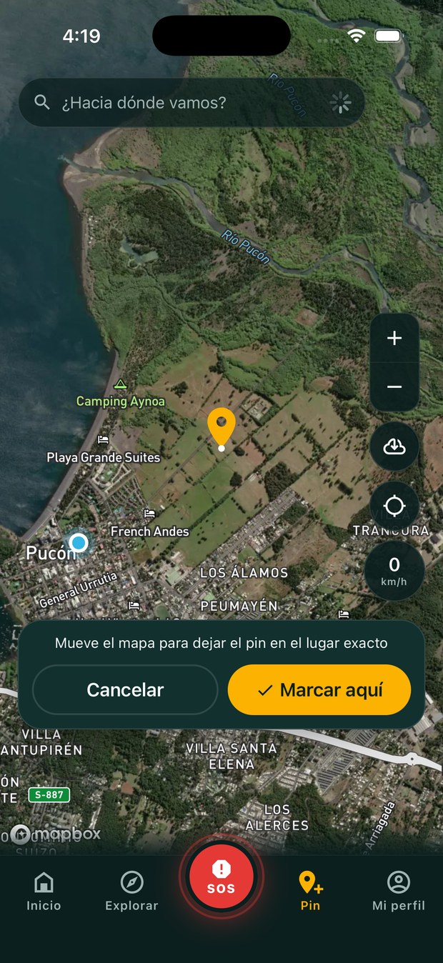 Pantalla de ROAVIA marcando un punto nuevo sobre la costa de Pucón, con el botón «Marcar aquí»