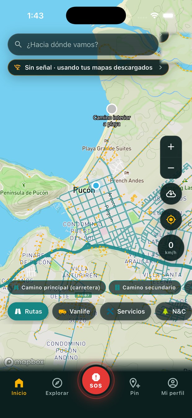 Mapa de ROAVIA con la franja «Sin señal, usando tus mapas descargados»