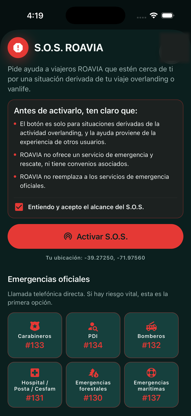 Pantalla del S.O.S. de ROAVIA con su alcance, el consentimiento y los números de emergencia oficiales