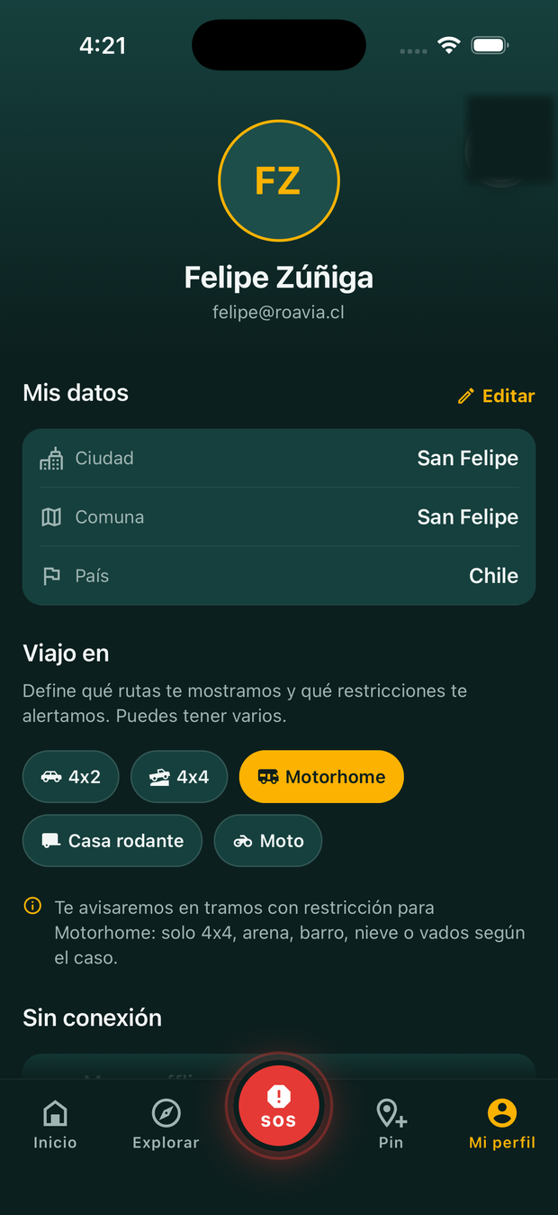 Perfil de ROAVIA con los vehículos declarados y el aviso de restricción